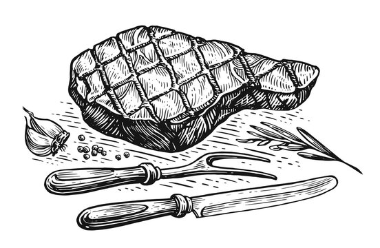 Freshly grilled steak with knife and fork. Cooking beef meat, barbecue. Hand drawn sketch illustration