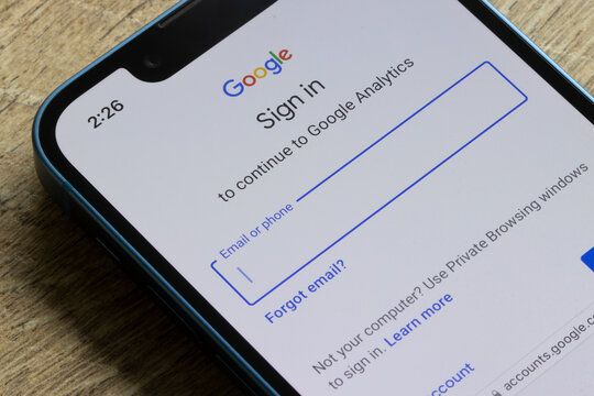 Portland, OR, USA - Jan 22, 2023: Google Analytics login page is seen on an iPhone. Google Analytics lets users measure advertising ROI and track their Flash, video, social networking sites and apps.