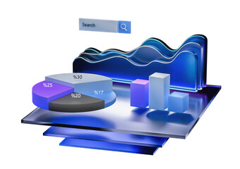 3D minimalist illustration with business graph and analytics data on isometric. Online statistics and data Analytics. Isolated on transparent background