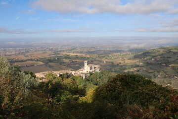 View from Rocca Maggiore fortress ruins to Basilica San Francesco in Assisi, Umbria Italy
