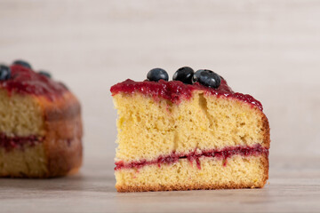 Piece of fresh blueberry cake. Delicious rich blueberry pie. selective focus