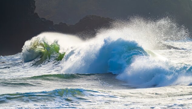 Huge wave crashing against a headland on the south  Washington state coast during a king tide