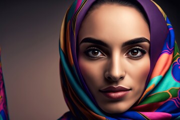 Portrait of confident young woman wearing colored hijab. Generative AI