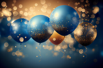 Obraz na płótnie Canvas Festlicher Hintergrund mit Luftballons und Konfetti mit unscharfen Hintergrund und Bokeh Lichter - Generative Ai 