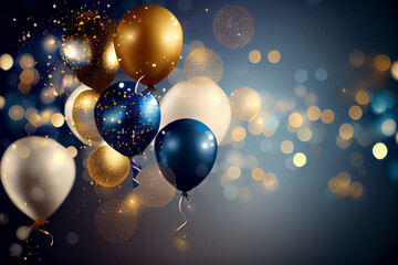 Fototapeta na wymiar Festlicher Hintergrund mit Luftballons und Konfetti mit unscharfen Hintergrund und Bokeh Lichter - Generative Ai 