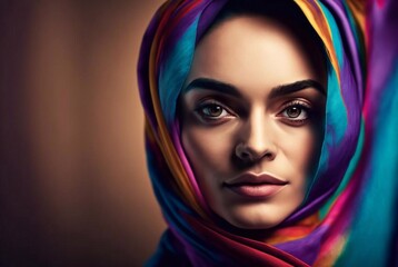 Portrait of confident young woman wearing colored hijab. Generative AI
