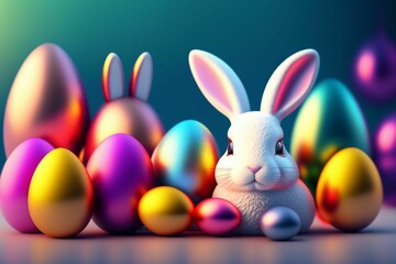 Fototapeta na wymiar 3D Easter Bunny next to colored eggs. blur. Happy Easter. generative AI