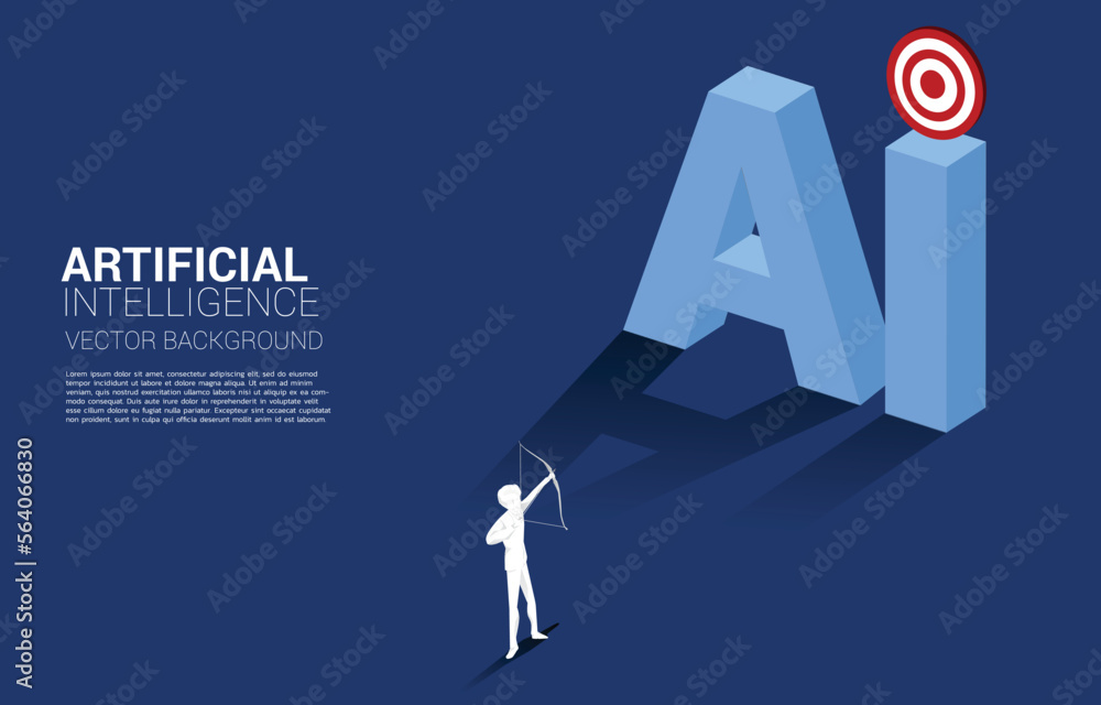 Poster Businessman in suit shoot the arrow to AI text 3D. Business concept for machine learning and a.i artificial intelligence
