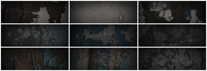 Set of dark panoramic background textures. Collection of wide textures with peeling paint, cracks,...