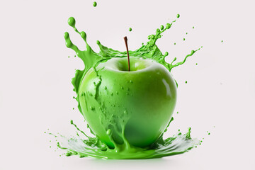 Close up green delicious fresh apple with splashing apple juice on white background. Food photography. With clipping path. Full depth of field.
