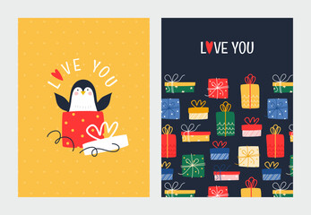 A set of postcards with a cute penguin, gifts and text. Vector illustration for the holiday.