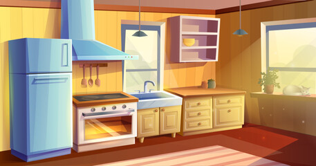 Vector cartoon style illustration of kitchen room. Dining room. Fridge, oven with a stove and hob, sink, kabinets and extractor hood.