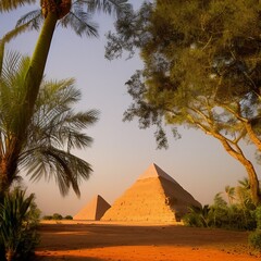 Pyramides de l'Egypte ancienne entourées de végétation.