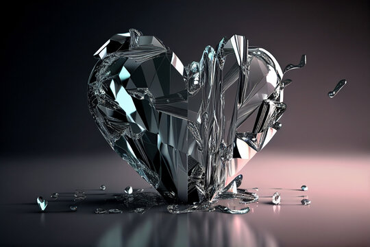 Shattered heart crystal, melting and broken heart on a soft pink and grey background. Digital painting and photorealistic mix. Made with generative AI technology. 