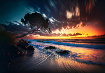 Sunset on the sea in a paradise island - generative ai
