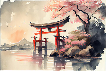 Japanese landscape. Sakura, fuki mountain, temple - obrazy, fototapety, plakaty