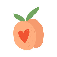 Cute retro-style peach fruit with a heart tattoo. Funny Valentine's Day vintage-style fruit vector illustration.