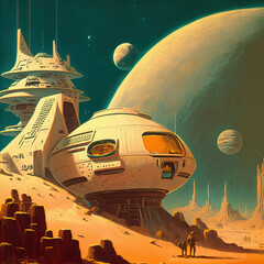 Fototapeta na wymiar Mars colonization illustration. Exploration red planet terraforming mission concept. Illustration space station