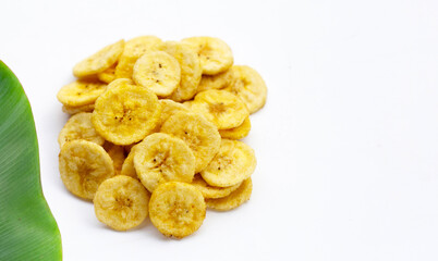 Banana slice chips on white background.
