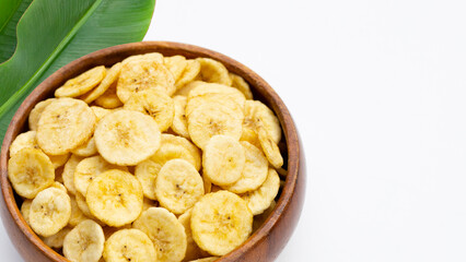 Banana slice chips on white background.