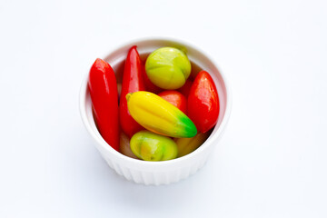 Fruit shaped of mung beans dessert (Kanom Look Choup). Thai Dessert