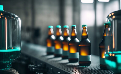 Glass bottles of beer on dark background with sun light. Concept brewery plant production line. Generation AI