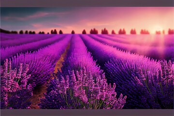 Naklejka na ściany i meble Lavender field sunset and lines