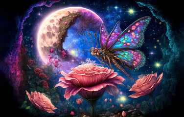 Naklejka na ściany i meble Fantasy wallpaper with fairy tale forest, magical butterflies, magnificent roses against the backdrop of a starry sky and a huge moon. Magic light. digital art, generative ai