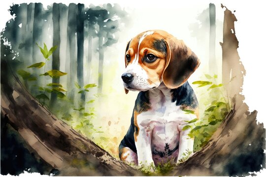 Cute beagle puppy in the middle of the forest. Watercolor painting. Generative AI