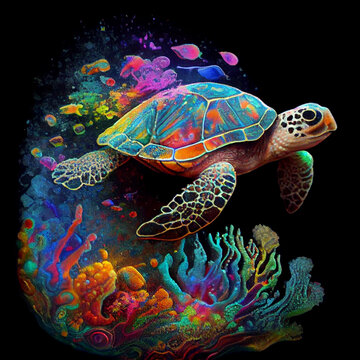 Sea turtle in corals. AI generative.