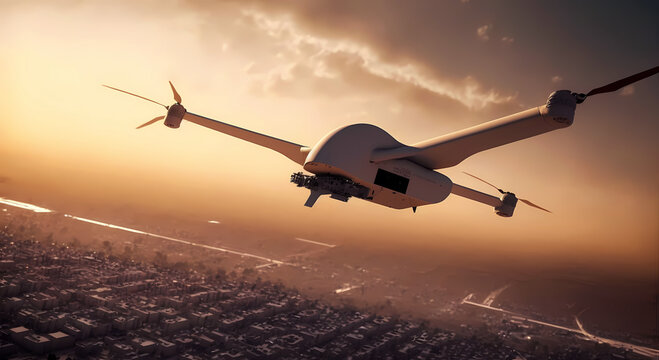 Modern military drone on city background, sunset light. Generation AI