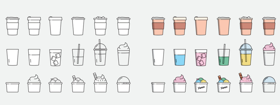 A set of café related icons illustrations such as coffee, iced coffee, americano, juice, ice cream and water