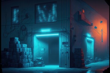 Warehouse cyber glow in the dark background. Generative AI