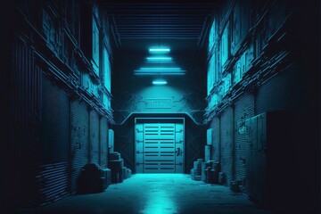 Warehouse cyber glow in the dark background. Generative AI