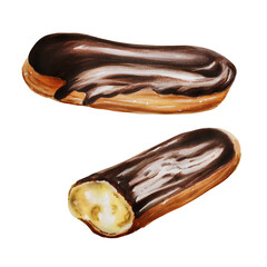 Watercolor chocolate eclair. Hand painting sweet on a white isolated background. For designers, menu, shop, bar, bistro, restaurant, for postcards, wrapping paper, covers. For posters and textile