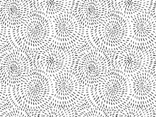Dotted, dashed lines seamless pattern. Black and white vector hatching texture. Spirals seamless doodle pattern. Circular and swirl shapes with short lines and dashes. Brush drawn random strokes.