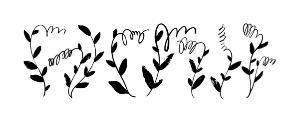 Hand drawn branches and pea sprouts isolated on white background. Brush drawn monochrome plant elements in sketch style. Legume and vegetable drawing. Vector simple pea sprouts with swirls and leaves.