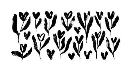 Set of tulips stems with heart blossoms. Brush drawn vector botanical elements isolated on white background. Sketch style floral branches for love holidays or weddings. Hand drawn silhouettes