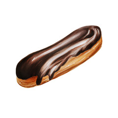 Watercolor chocolate eclair. Hand painting sweet on a white isolated background. For designers, menu, shop, bar, bistro, restaurant, for postcards, wrapping paper, covers. For posters and textile