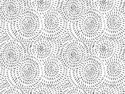 Dotted, dashed lines seamless pattern. Black and white vector hatching texture. Spirals seamless doodle pattern. Circular and swirl shapes with short lines and dashes. Brush drawn random strokes.