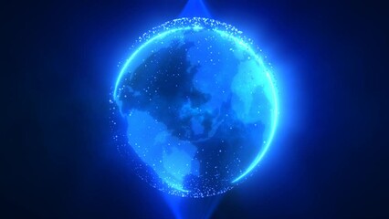 Abstract blue planet earth spinning with futuristic high-tech particles bright glowing magical energy, abstract background. Video 4k, motion design