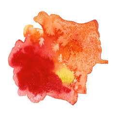 Bright painted red, orange and yellow watercolor splash isolated on white background. Hand drawn texture