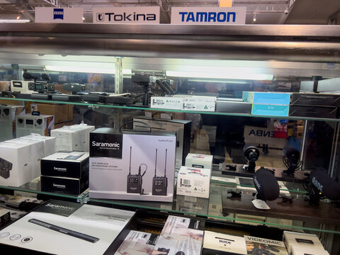 Kenmore, WA USA - circa December 2022: Close up view of audio equipment for sale inside Kenmore Camera shop.