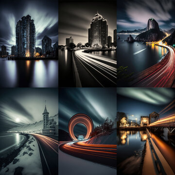 Set of 6 images, Long exposure photography of a city at night, illustration made with Generative AI 