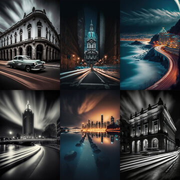 Set of 6 images, Long exposure photography of a city at night, illustration made with Generative AI 