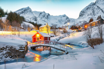 Fabulous evenihg scenery of Norwegian Nusfjord village. - obrazy, fototapety, plakaty