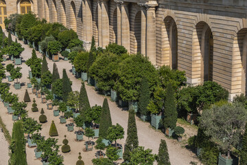 Palace Versailles was a royal chateau, 20 kilometres southwest of centre of Paris. Orangerie Parterre (1684 - 1686) in Versailles palace. VERSAILLES, FRANCE.