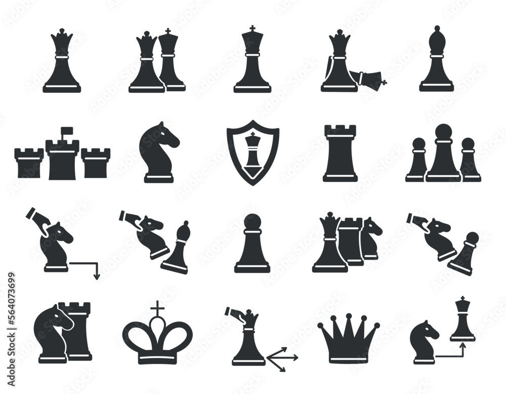 Poster chess black icons set. collection of graphic elements for website. metaphor for strategy and plannin