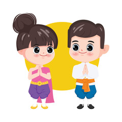Cartoon character of traditional Thai girl and boy in namaste poses.
