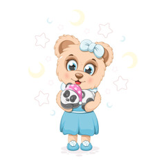 Cute cartoon teddy bear with a soft toy panda